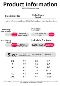 Size chart for dog down jacket showing measurements in cm for sizes XS to XXL