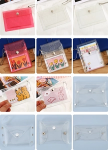 Collage of transparent PVC mini purses showing snap closure and glitter card holder detail