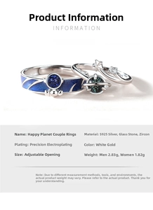 Macro shot of S925 silver astronaut couple rings with blue and green planet stones