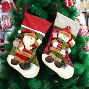 Christmas Stockings Fabric Burlap Santa Snowman Reindeer Plush Trim Holiday Gift Bags Hanging Ornament Tree Decoration