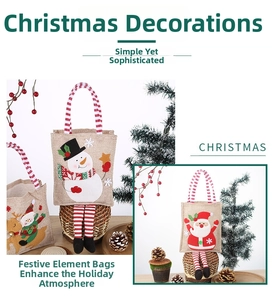 Detail of Christmas burlap gift bags with 3D Santa, Snowman, and Reindeer felt designs