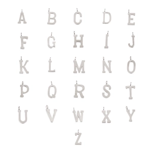Detailed grid layout of twenty-six silver stainless steel alphabet pendants for DIY jewelry