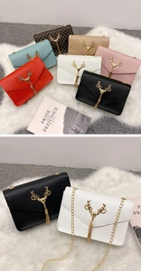 Detailed grid showing vibrant PU leather flap bags with golden deer head and chain strap