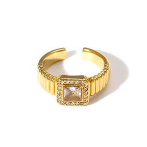 Macro shot of 18K gold plated double-layer ring featuring a square zircon and pavé detail