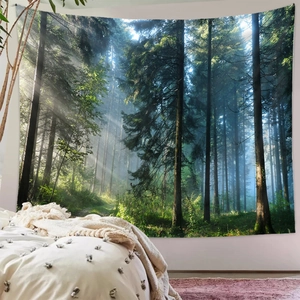 Detail view of forest wall tapestry with morning sunlight rays and woodland path scene