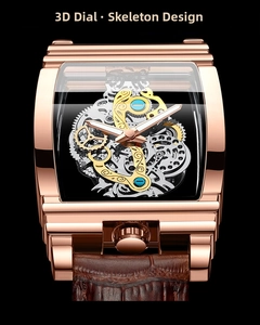 Close-up of skeleton mechanical watch dial with rose gold barrel-shaped case