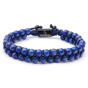 Bracelet double rang en perles de lapis-lazuli 6mm avec cordon tressé et fermoir métallique noir