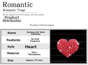 Detailed car vent clip specifications with red rhinestone heart design on air outlet
