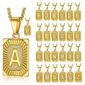 Gold rectangular A-Z initial pendant necklace with Cuban chain for men and women