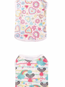 Detail of summer dog vests featuring colorful heart and rainbow patterns for pets