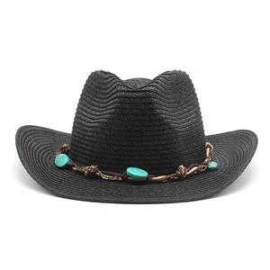 Chapeau de cowboy en paille noire style western avec perles turquoise et chaîne