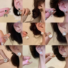 Collage of floral and bow-shaped S925 silver needle earrings with pearls and crystals