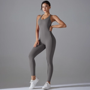 Detail of dark grey seamless racerback yoga jumpsuit with high elasticity fabric