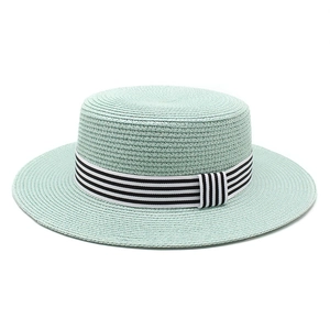 Woven Straw Boater Hat Flat Top Wide Brim Striped Ribbon Summer Beach Sun Protection Vacation Travel Outdoor For Women