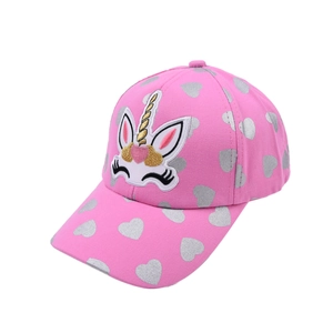 Pink kids baseball cap featuring unicorn embroidery and silver heart patterns detail