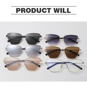 Detailed grid display of metal Y2K cat eye sunglasses in multiple lens color variations
