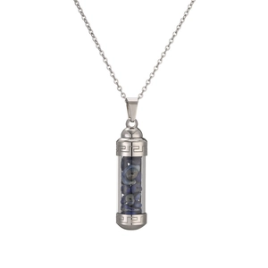 Detail of silver perfume bottle pendant with Greek key pattern and blue gravel stones