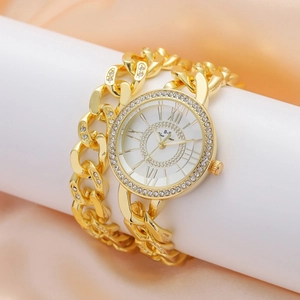 Fashionable gold Cuban link watch with crystals and Roman numerals for women