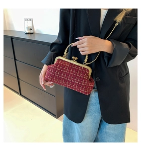 Detail of red tweed shell bag with gold metal clasp and chain handle held by a model