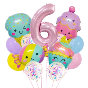 Party-Set zum 6. Geburtstag mit rosa Zahlenballon sowie Eis- und Cupcake-Folienballons