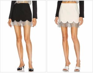 Detail of scalloped hem with silver tassel fringe on black and beige mini skirts