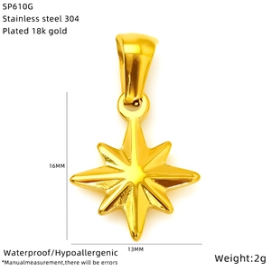 Macro detail of 18K gold plated 304 stainless steel octagonal star pendant 16x13mm