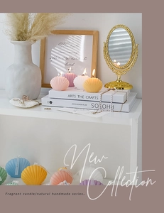 Detailed view of pastel shell scented candles on a shelf with decorative accents
