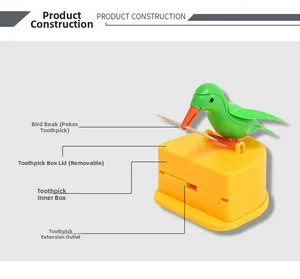 Detail view of the automatic woodpecker toothpick dispenser with green bird and yellow base