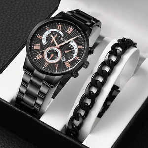 SOKI men's black business quartz watch set with roman numerals and matching cuban bracelet