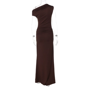 Detailed view of dark brown ruched maxi dress with elegant one-shoulder design