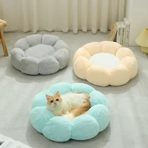 Plush flower shaped pet bed for cats and dogs in grey, beige and light blue colors