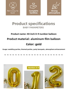 Macro detail of 40-inch gold foil number balloons showing material texture and size specs