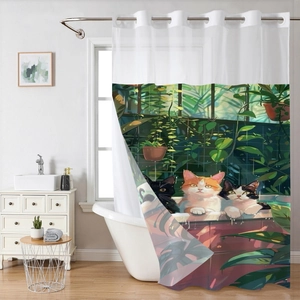 Detail of waterproof bath curtain featuring three cats in a tub with lush green plants