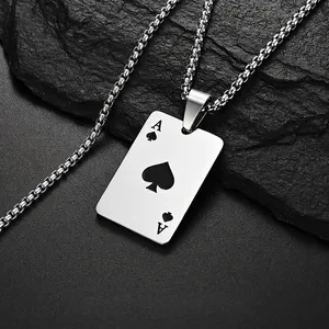 Hip hop style Ace of Spades poker pendant necklace with steel box chain on dark stones
