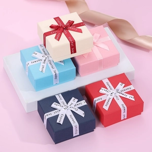 Square jewelry gift box set with bow ribbons in beige pink blue navy and red colors