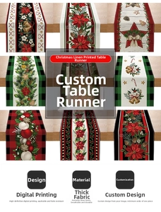 Detail of Christmas table runner patterns including poinsettia, bells, and pinecones
