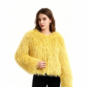 Faux fur round neck jacket in fluffy yellow Mongolian wool style for women