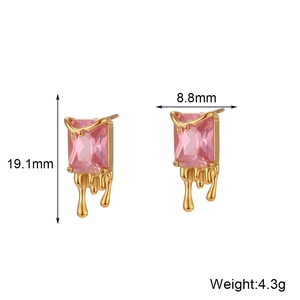 18K gold plated stainless steel lava square stud earrings with pink zircon stone