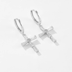 S925 sterling silver hoop earrings with zircon cross pendants on white background