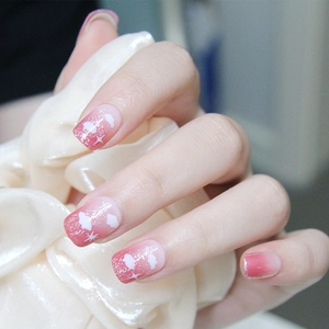 Press On Nails Short Square Shape Gradient Pink White Clouds Glitter Stars Sweet Style Elegant Decorative False Fingernails