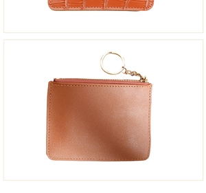 Detailed view of crocodile texture leather and smooth brown coin purse with gold keychain