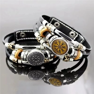 Viking Compass Rune Multi-layer Leather Bracelet Vintage Punk Alloy Wood Bead Glass Adjustable Hand Braided Jewelry Gift