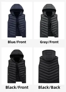 Dettaglio del gilet trapuntato da uomo con cappuccio in blu, grigio e nero