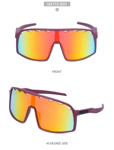 Front and 45-degree side views of matte red sports sunglasses with gradient lenses