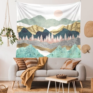 Detail of mountain forest wall tapestry with gold foil textures and Morandi color tones
