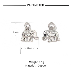 Dimensions du pendentif éléphant argenté en cuivre montrant 14mm de hauteur et 13mm largeur