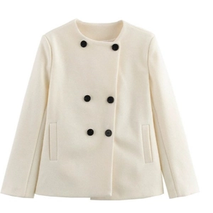 Women Double Breasted Woolen Coat Round Neck Solid Color Long Sleeve Casual Elegant French Style Jacket Outerwear