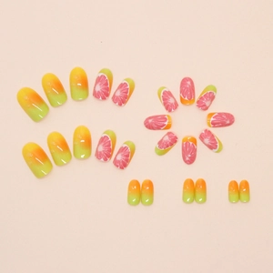 Grapefruit pattern press-on nails with fruit art and colorful gradient nail set