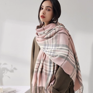 Autumn winter soft plaid scarf shawl for women with fringe in pink and grey tones