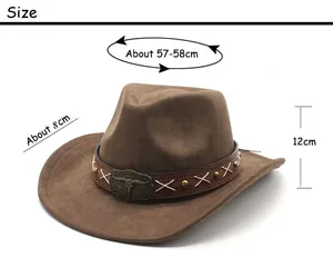 Size chart for brown suede western cowboy hat with cattle head buckle and 8cm brim